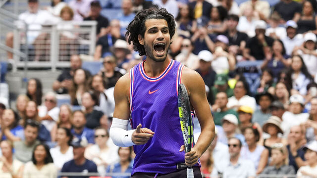 NEW YORK, NEW YORK - AUGUST 25: Carlos Alcaraz reacts during a mixed doubles match during Fan Week as part of the 2026 US Open at USTA Billie Jean King National Tennis Center on Tuesday, August 25, 2026 in Flushing, NY.