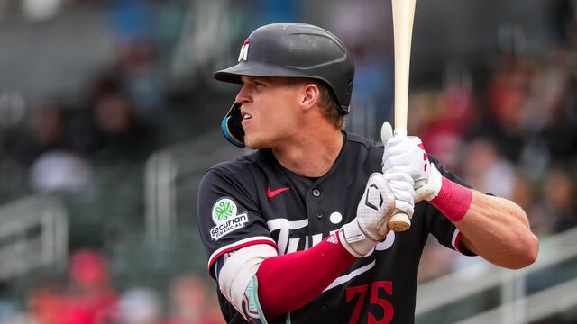 NORTH PORT, FL- FEBRUARY 22: Walker Jenkins #75 of the Minnesota Twins bats during a spring training game against the Minnesota Twins on February 22, 2026 at CoolToday Park in North Port, Florida.