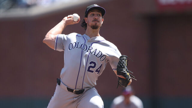 SAN FRANCISCO, CALIFORNIA - AUGUST 15: Michael Lorenzen #24 of the Colorado Rockies pitches in the bottom of the first inning against the San Francisco Giants at Oracle Park on August 15, 2026 in San Francisco, California.