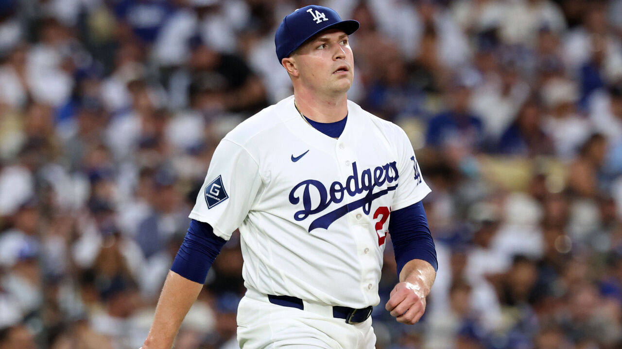 LOS ANGELES, CALIFORNIA - AUGUST 10: Tarik Skubal #29 of the Los Angeles Dodgers reacts to the third out of the second inning against the Kansas City Royals at Dodger Stadium on August 10, 2026 in Los Angeles, California.