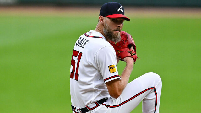 ATLANTA, GA - AUGUST 27: Atlanta pitcher Chris Sale (51) pitches during the MLB game between the Los Angeles Dodgers and the Atlanta Braves on August 27th, 2026 at Truist Park in Atlanta, GA.