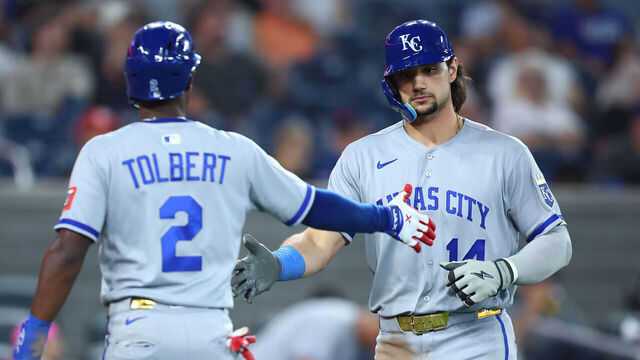TORONTO, ON - AUGUST 27: Jac Caglianone #14 of the Kansas City Royals celebrates his two-run home run with Tyler Tolbert #2 in the ninth inning against the Toronto Blue Jays at Rogers Centre on August 27, 2026 in Toronto, Ontario, Canada.