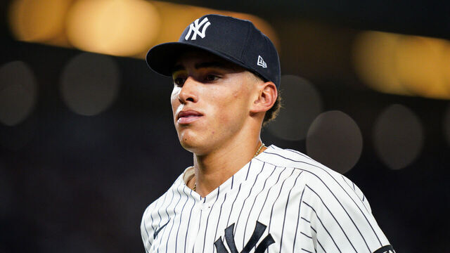 NEW YORK, NEW YORK - AUGUST 25: George Lombard Jr. #96 of the New York Yankees looks on against the Houston Astros at Yankee Stadium on August 25, 2026 in New York City.