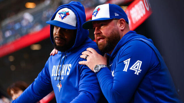 TORONTO, CANADA - MAY 26: Toronto Blue Jays manager John Schneider and Vladimir Guerrero Jr. #27 talk ahead of their MLB game against the Miami Marlins at Rogers Centre on May 26, 2026 in Toronto, Ontario, Canada.