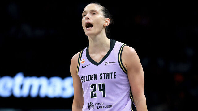 BROOKLYN, NEW YORK - AUGUST 27: Cecilia Zandalasini #24 of the Golden State Valkyries celebrates her three point shot in the first half against the New York Liberty at Barclays Center on August 27, 2026 in the Brooklyn borough of New York City.