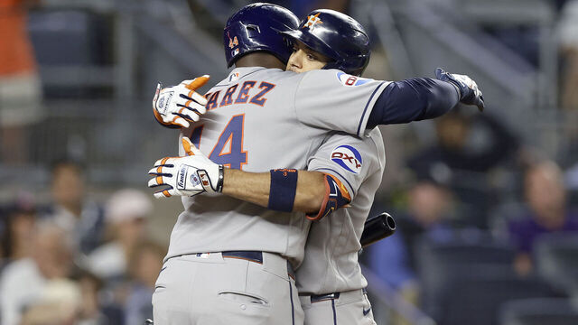 NEW YORK, NEW YORK - AUGUST 27: Jeremy Pena #3 of the Houston Astros celebrates his solo home run with Yordan Alvarez #44 in the seventh inning against the New York Yankees at Yankee Stadium on August 27, 2026 in New York City.