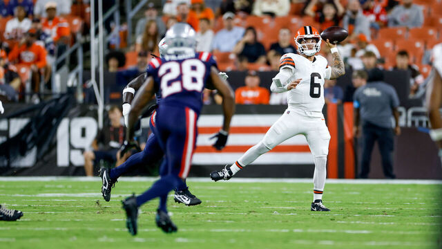 CLEVELAND, OHIO - AUGUST 27: Dillon Gabriel #6 of the Cleveland Browns throws a pass during the first quarter of a preseason game against the New England Patriots at Huntington Bank Field on August 27, 2026 in Cleveland, Ohio.