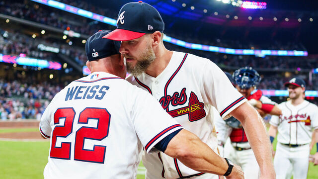 ATLANTA, GA - AUGUST 27: Walt Weiss #22 and Chris Sale #51 of the Atlanta Braves celebrate after the game against the Los Angeles Dodgers at Truist Park on August 27, 2026 in Atlanta, Georgia.