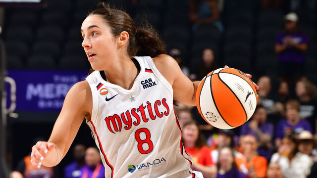 PHOENIX, AZ - AUGUST 27: Georgia Amoore #8 of the Washington Mystics handles the ball during the game against the Phoenix Mercury on August 27, 2026 at PHX Arena in Phoenix, Arizona. Mandatory Copyright Notice: Copyright 2026 NBAE