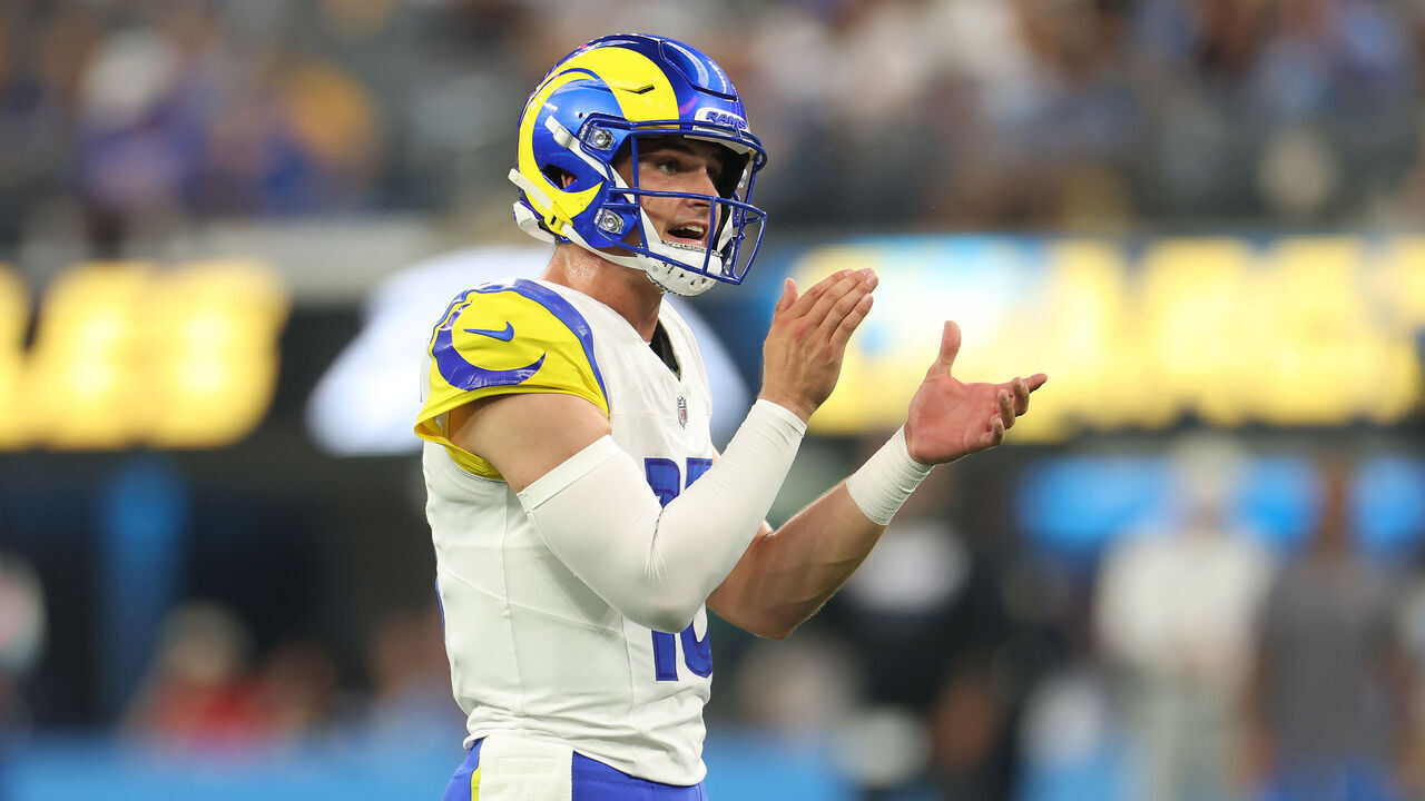 INGLEWOOD, CALIFORNIA - AUGUST 27: Ty Simpson #15 of the Los Angeles Rams cheers on his teammates during the half of a preseason game against the Los Angeles Chargers at SoFi Stadium on August 27, 2026 in Inglewood, California.