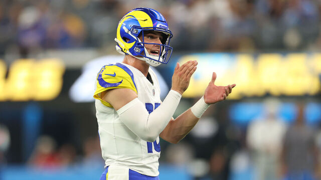 INGLEWOOD, CALIFORNIA - AUGUST 27: Ty Simpson #15 of the Los Angeles Rams cheers on his teammates during the half of a preseason game against the Los Angeles Chargers at SoFi Stadium on August 27, 2026 in Inglewood, California.