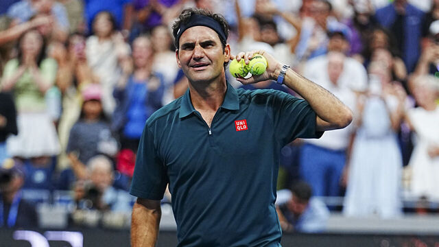 NEW YORK, NEW YORK - AUGUST 25: Roger Federer motions to the fans after an exhibition singles match during Fan Week as part of the 2026 US Open at USTA Billie Jean King National Tennis Center on Tuesday, August 25, 2026 in Flushing, NY.