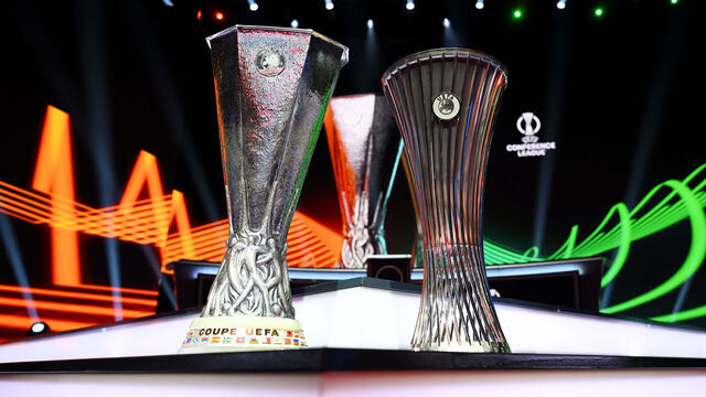 MONACO, MONACO - AUGUST 28: The UEFA Europa League and UEFA Conference League trophies are seen before the UEFA Europa League 2026/27 League Phase Draw at Grimaldi Forum on August 28, 2026 in Monaco, Monaco.