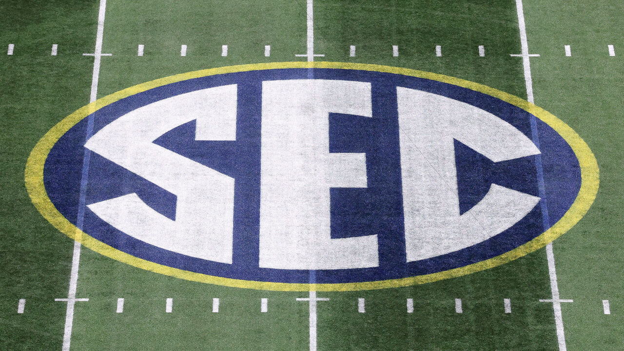 ATLANTA, GEORGIA - DECEMBER 06: A view of the SEC logo on the field prior to the 2025 SEC Championship between the Georgia Bulldogs and Alabama Crimson Tide at Mercedes-Benz Stadium on December 06, 2025 in Atlanta, Georgia.
