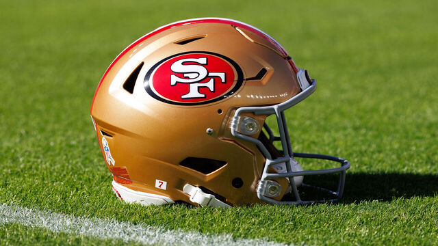 SANTA CLARA, CALIFORNIA - NOVEMBER 9: A detail view of a San Francisco 49ers helmet on the field prior to an NFL football game against the Los Angeles Rams at Levi's Stadium on November 09, 2025 in Santa Clara, California.
