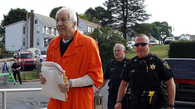 BELLEFONTE, PA - AUGUST 12: Jerry Sandusky enters the Centre County Courthouse to appeal his child sex abuse conviction on August 12, 2016 in Bellefonte, Pennsylvania. Sandusky was facing a prison sentence for his conviction in June, 2012 on 45 counts of child sexual abuse, including while he was the defensive coordinator for the Penn State college football team.