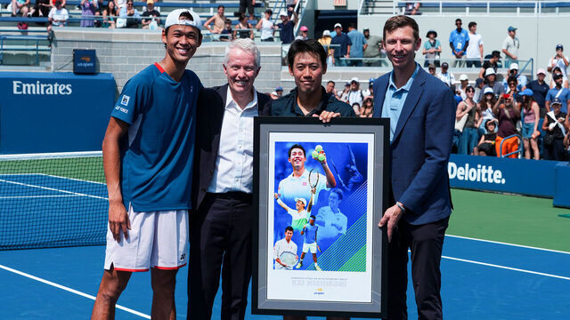 NEW YORK, NEW YORK - AUGUST 28: Rei Sakamoto, Chief Executive Officer, USTA, Craig Tiley, and Professional Tennis & US Open Tournament Director, Eric Butorac pose for a photo with Kei Nishikori during his retirement ceremony after a Men's Qualifying Singles match against Tamara Zidansek during Fan Week as part of the 2026 US Open at USTA Billie Jean King National Tennis Center on Friday, August 28, 2026 in Flushing, NY.