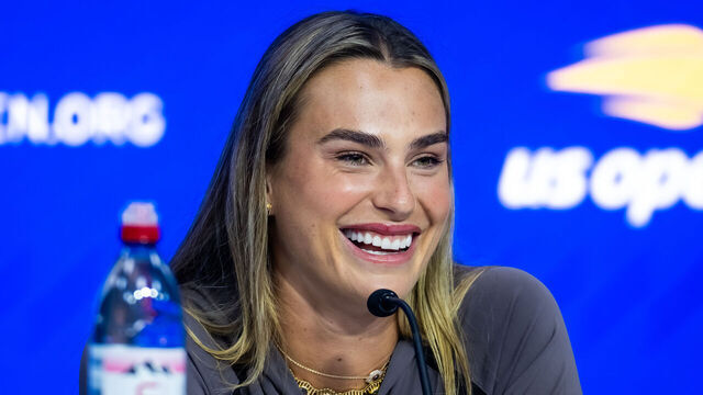 NEW YORK, NEW YORK - AUGUST 28: Aryna Sabalenka talks to the press during Media Day ahead of the US Open at USTA Billie Jean King National Tennis Center on August 28, 2026 in New York City
