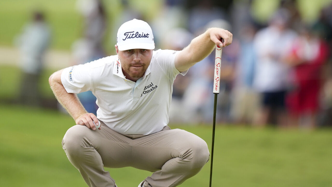 ATLANTA, GEORGIA - AUGUST 28: Ryan Gerard of the United States lines up a putt on the 18th green during the second round of the TOUR Championship at East Lake Golf Club on August 28, 2026 in Atlanta, Georgia.
