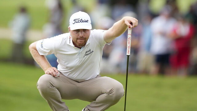 ATLANTA, GEORGIA - AUGUST 28: Ryan Gerard of the United States lines up a putt on the 18th green during the second round of the TOUR Championship at East Lake Golf Club on August 28, 2026 in Atlanta, Georgia.
