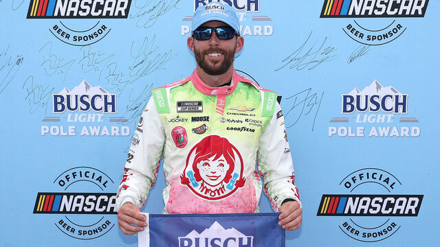 DAYTONA BEACH, FLORIDA - AUGUST 28: Ross Chastain, driver of the #1 Wendy's Watermelon Lemonade Chevrolet, poses for photos after winning the pole award during qualifying for the NASCAR Cup Series Coke Zero Sugar 400 at Daytona International Speedway on August 28, 2026 in Daytona Beach, Florida.