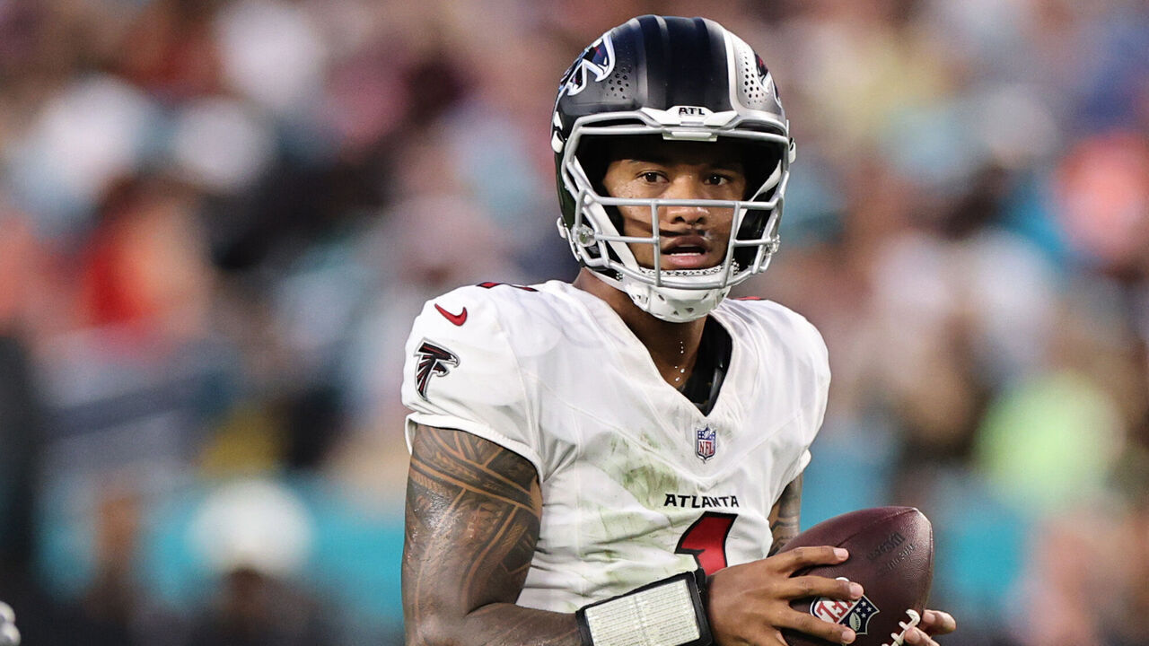 MIAMI GARDENS, FLORIDA - AUGUST 28: Tua Tagovailoa #1 of the Atlanta Falcons looks to pass against the Miami Dolphins during the first half at Hard Rock Stadium on August 28, 2026 in Miami Gardens, Florida.