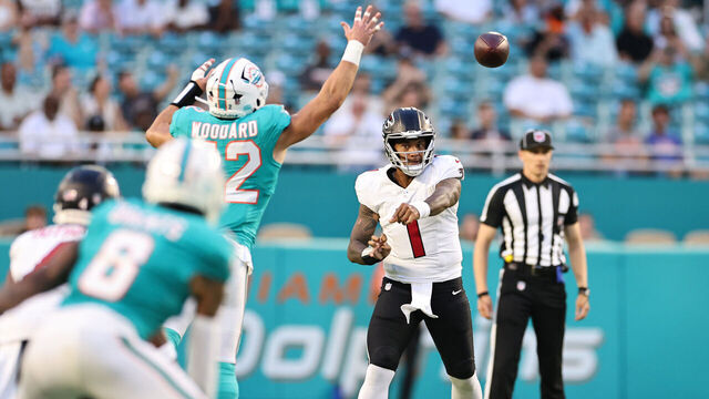 MIAMI GARDENS, FLORIDA - AUGUST 28: Tua Tagovailoa #1 of the Atlanta Falcons throws against the Miami Dolphins during the first half at Hard Rock Stadium on August 28, 2026 in Miami Gardens, Florida.