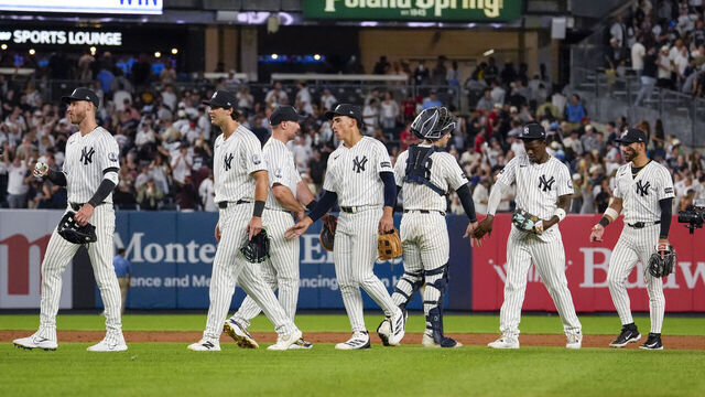 NEW YORK, NEW YORK - AUGUST 28: The New York Yankees celebrate beating the Boston Red Sox at Yankee Stadium on August 28, 2026 in New York City. The New York Yankees won 1-0.