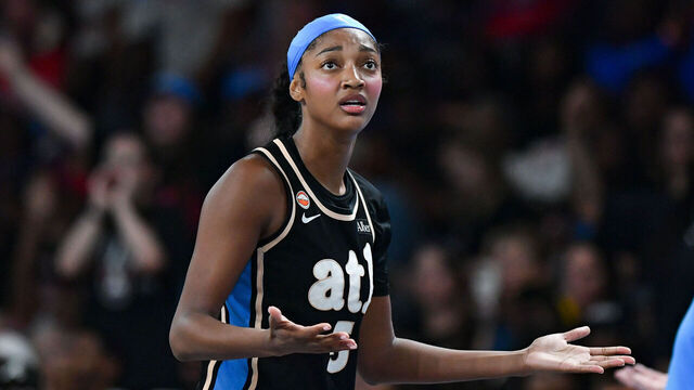 COLLEGE PARK, GA - AUGUST 28: Angel Reese #5 of Atlanta reacts during the WNBA game between the Portland Fire and the Atlanta Dream on August 28th, 2026 at the Gateway Center in College Park, GA.
