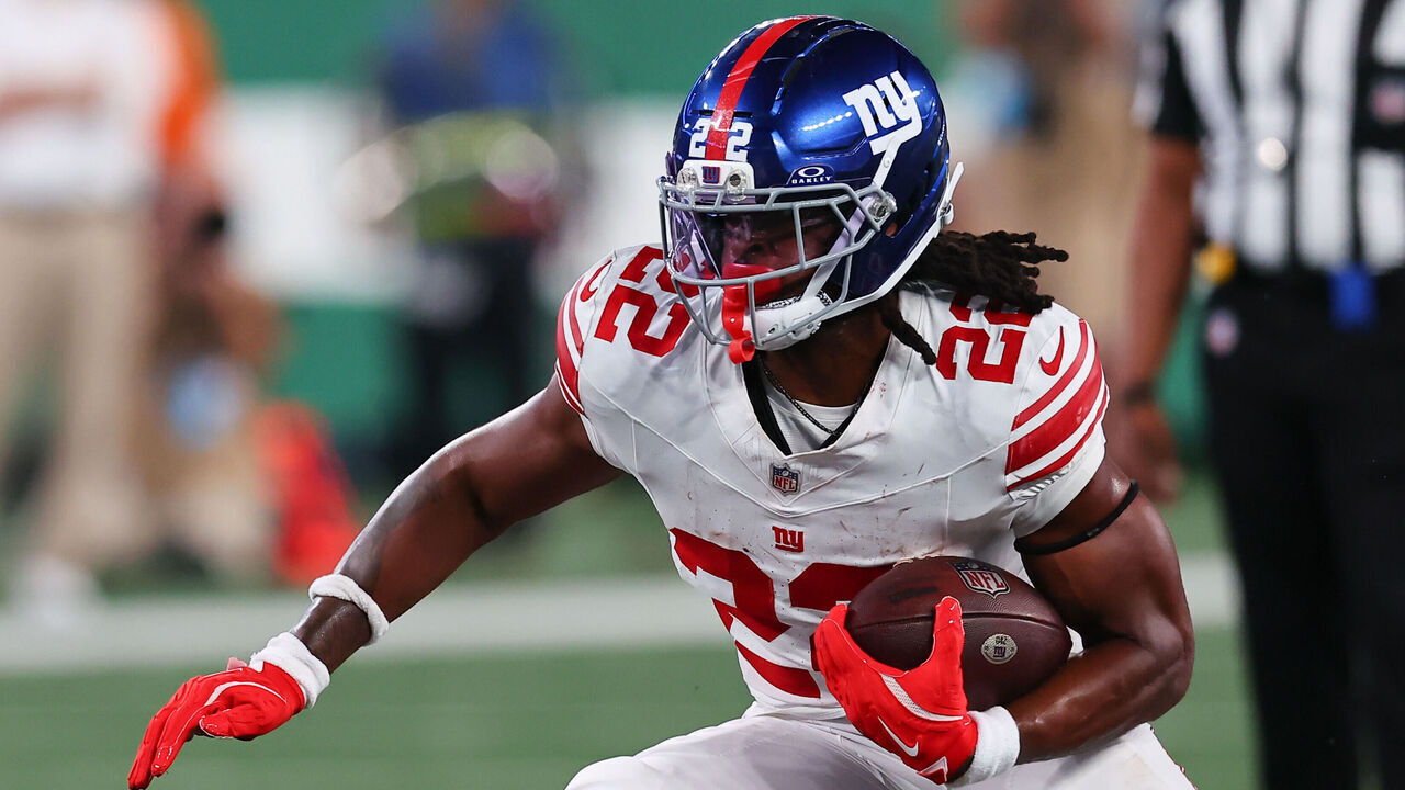 EAST RUTHERFORD, NJ - AUGUST 28: Najee Harris #22 of the New York Giants during the NFL Pre-season game against the New York Jets on August 28, 2026 at MetLife Stadium in East Rutherford, New Jersey.