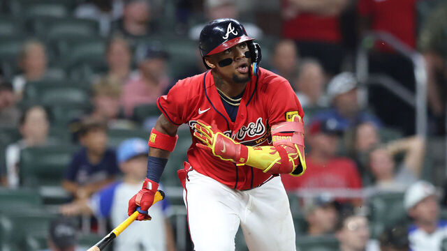ATLANTA, GA - AUGUST 28: Ronald Acuna, Jr. (13) of the Atlanta Braves singles on a ground ball to centerfield during the Friday evening MLB game between the Atlanta Braves and the Colorado Rockies on August 28, 2026 at Truist Park in Atlanta, GA.