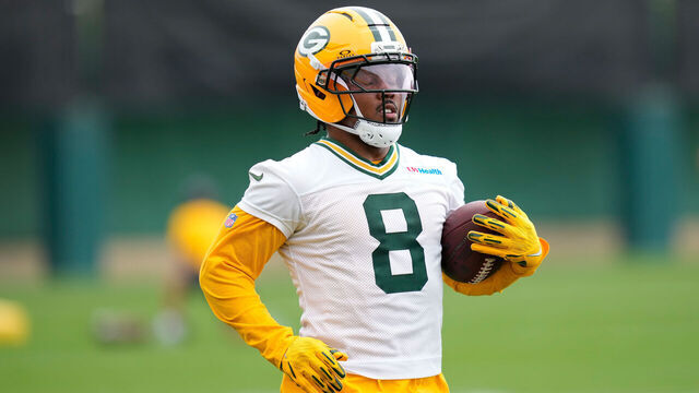 ASHWAUBENON, WISCONSIN - JUNE 09: Josh Jacobs #8 of the Green Bay Packers participates in drills during the Green Bay Packers mandatory minicamp at Don Hutson Center on June 09, 2026 in Ashwaubenon, Wisconsin.