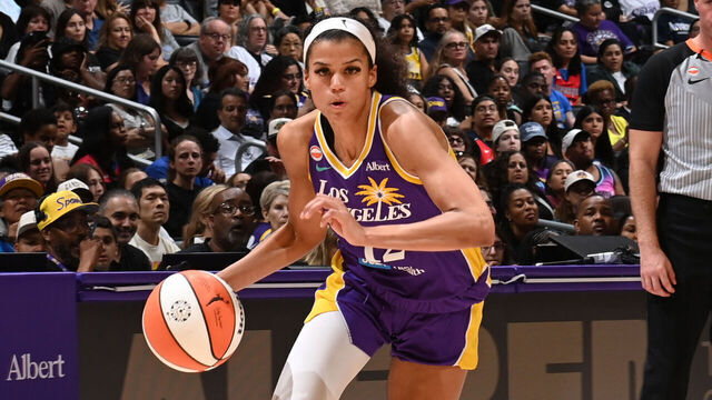 LOS ANGELES, CA - AUGUST 28: Rae Burrell #12 of the Los Angeles Sparks dribbles the ball during the game against the Washington Mystics on August 28, 2026 at Crypto.com Arena in Los Angeles, California. NOTE TO USER: User expressly acknowledges and agrees that, by downloading and/or using this Photograph, user is consenting to the terms and conditions of the Getty Images License Agreement. Mandatory Copyright Notice: Copyright 2026 NBAE
