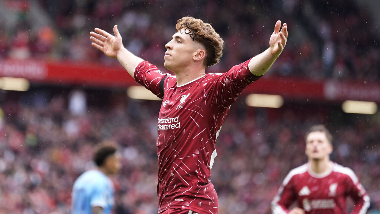 Liverpool's Victor Munoz celebrates scoring their side's second goal of the game during the Premier League match at Anfield, Liverpool. Picture date: Saturday August 29, 2026.