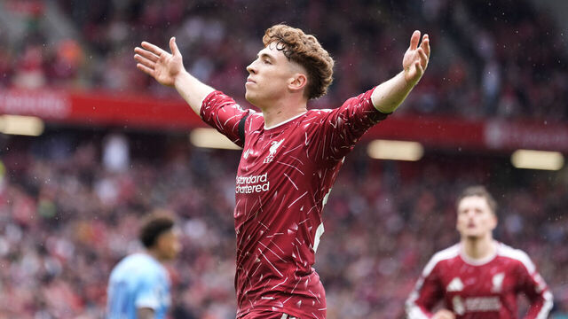 Liverpool's Victor Munoz celebrates scoring their side's second goal of the game during the Premier League match at Anfield, Liverpool. Picture date: Saturday August 29, 2026.
