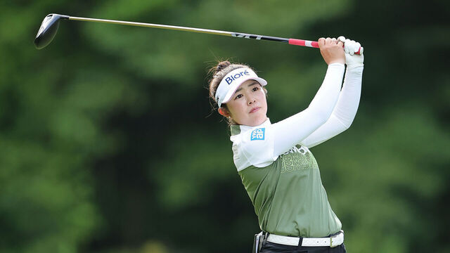 NORTON, MASSACHUSETTS - AUGUST 28: Miyu Yamashita of Japan plays her shot from the fifth tee during the second round of the FM Championship 2026 at TPC Boston on August 28, 2026 in Norton, Massachusetts.