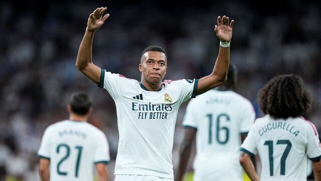 MADRID, SPAIN - AUGUST 26: Kylian Mbappe of Real Madrid CF celebrates after scoring his team's fourth goal during the Spanish League, LaLiga EA Sports, football match played between Real Madrid and Real Sociedad at Bernabeu stadium on August 26, 2026, in Madrid, Spain.