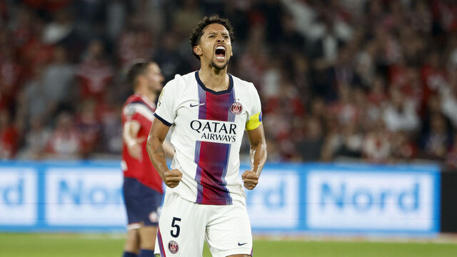 LILLE, FRANCE - AUGUST 28: Marquinhos #5 of PSG celebrates his goal tying the game at the last minute during the Ligue 1 McDonald's 2026/27 football match between Lille OSC (LOSC) and Paris Saint-Germain (PSG) at Stade Pierre Mauroy, Decathlon Arena on August 28, 2026 in Lille, France.