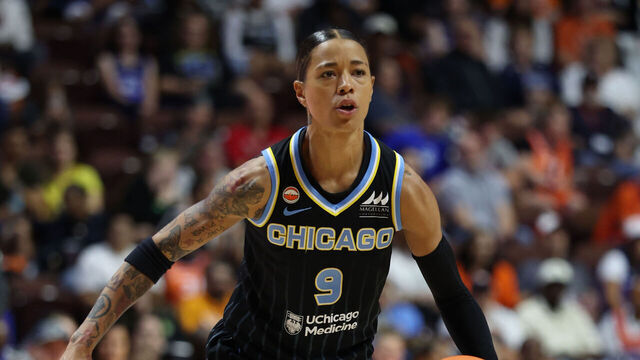 UNCASVILLE, CT - AUGUST 25: Natasha Cloud #9 of the Chicago Sky dribbles the ball during the game against the Connecticut Sun on August 25, 2026 at the Mohegan Sun Arena in Uncasville, Connecticut. Mandatory Copyright Notice: Copyright 2026 NBAE