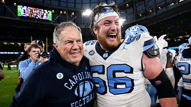 Dublin , Ireland - 29 August 2026; North Carolina Head Coach Bill Belichick with North Carolina offensive lineman Christo Kelly #56 after their side's victory in the 2026 Aer Lingus College Football Classic match between TCU and North Carolina at the Aviva Stadium in Dublin.