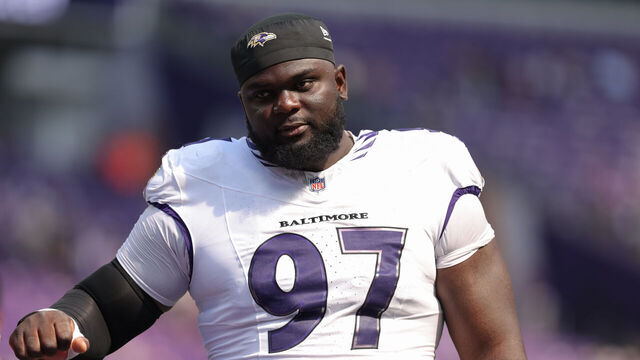 MINNEAPOLIS, MN - AUGUST 22: Baltimore Ravens defensive tackle CJ Okoye (97) looks on after the NFL preseason game between the Baltimore Ravens and the Minnesota Vikings on August 22nd, 2026, at U.S. Bank in Minneapolis, MN.