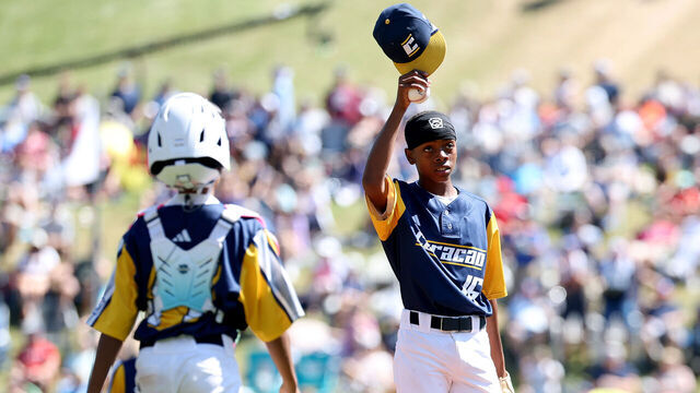 WILLIAMSPORT, PENNSYLVANIA - AUGUST 29: Jaymiëll Martina #16 of the Curaçao Region team from Willemstad celebrates as he is relieved in the 6th inning during the International Championship Game of the 2026 Little League Baseball World Series against Japan region team from Tokyo at Lamade Stadium on August 29, 2026 in Williamsport, Pennsylvania.