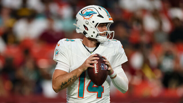 LANDOVER, MD - AUGUST 14: Quinn Ewers #14 of the Miami Dolphins looks to pass against the Washington Commanders during the first half of a preseason game at Northwest Stadium on August 14, 2026 in Landover, Maryland.