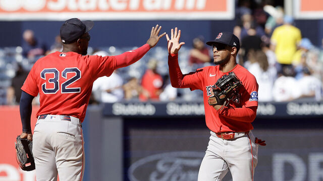 NEW YORK, NEW YORK - AUGUST 29: (L-R) Andruw Monasterio #32, Ceddanne Rafaela #3 and Wilyer Abreu #52 of the Boston Red Sox celebrate after defeating the New York Yankees in game one of a doubleheader at Yankee Stadium on August 29, 2026 in New York City.