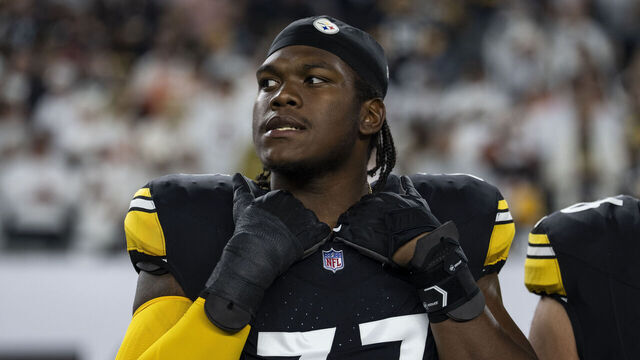 CINCINNATI, OHIO - OCTOBER 16: Broderick Jones #77 of the Pittsburgh Steelers looks on during the national anthem prior to an NFL football game against the Cincinnati Bengals at Paycor Stadium on October 16, 2025 in Cincinnati, Ohio.