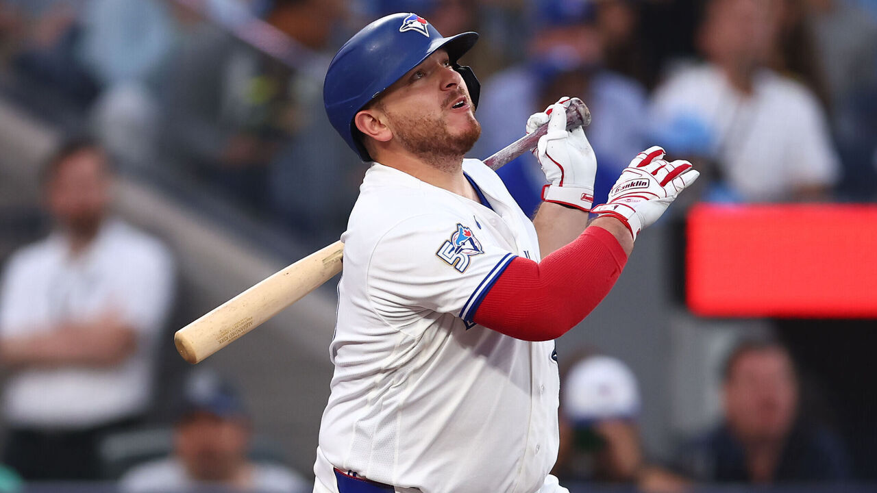 TORONTO, ON - JUNE 22: Alejandro Kirk #30 of the Toronto Blue Jays bats during a game against the Houston Astros at Rogers Centre on June 22, 2026 in Toronto, Ontario, Canada.