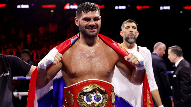 Filip Hrgovic celebrates after winning the IBF World Heavyweight title bout against Moses Itauma at The O2 Arena, London. Picture date: Saturday August 29, 2026.