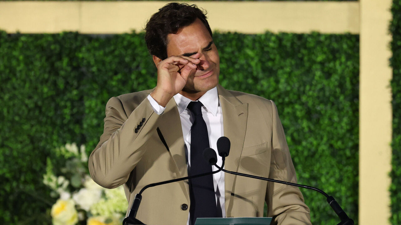 NEWPORT, RHODE ISLAND - AUGUST 29: Inductee Roger Federer shows emotion while delivering a speech during the International Tennis Hall of Fame 2026 Induction Ceremony on August 29, 2026 in Newport, Rhode Island.