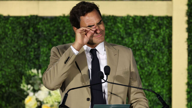 NEWPORT, RHODE ISLAND - AUGUST 29: Inductee Roger Federer shows emotion while delivering a speech during the International Tennis Hall of Fame 2026 Induction Ceremony on August 29, 2026 in Newport, Rhode Island.