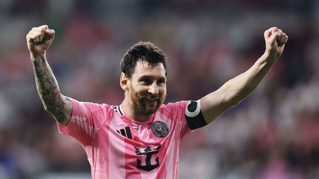 MIAMI, FLORIDA - AUGUST 29: Lionel Messi #10 of Inter Miami CF celebrates scoring his team's second goal during the MLS match between Inter Miami CF and CF Montreal at Nu Stadium on August 29, 2026 in Miami, Florida.
